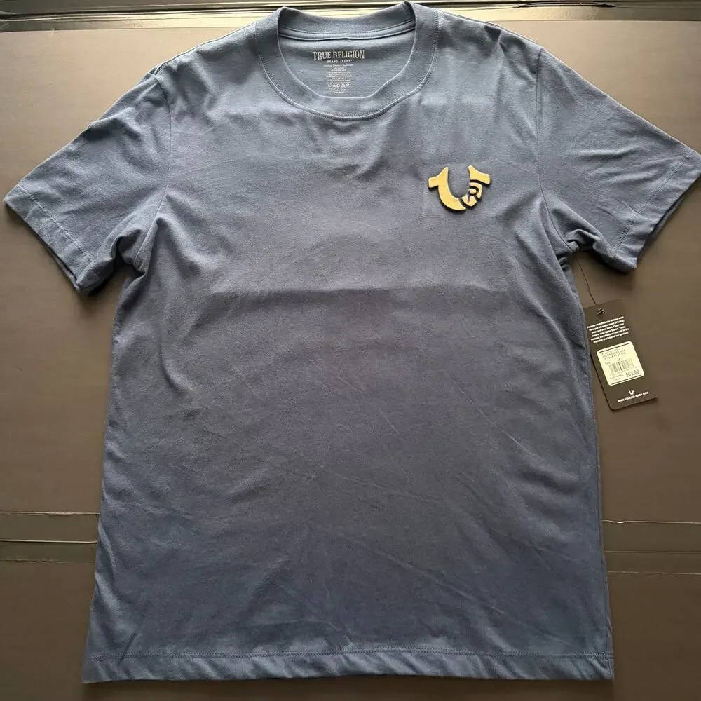 True Religion World Tour Crew Tee Mens M Dress Blue NWT Horseshoe Logo 700163